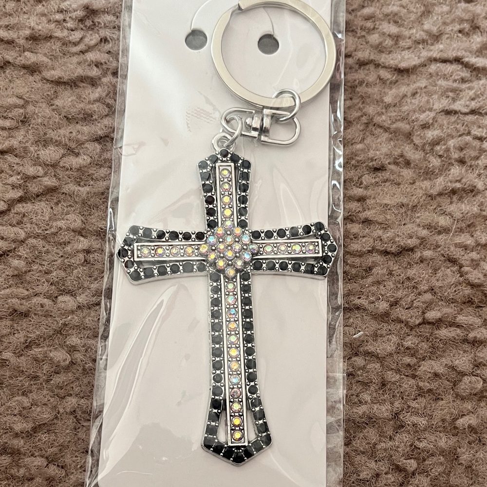 Rhinestone Cross Keychain - Iridescent & Black